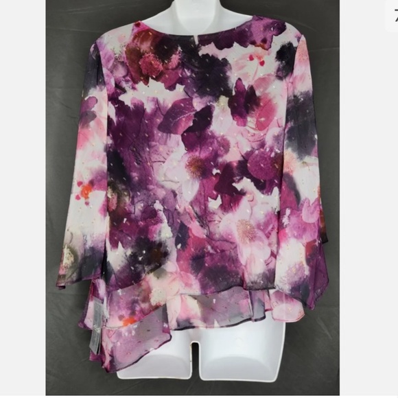 NWT Alex Evenings Tiered Ruffle Short Sleeve Top Purple Floral Shimmer Women's M - Picture 7 of 10